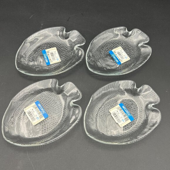 4 Vintage Arcoroc Fish Appetizer Plates Poisson Tempered Glass 6.5” France NOS - Picture 4 of 10